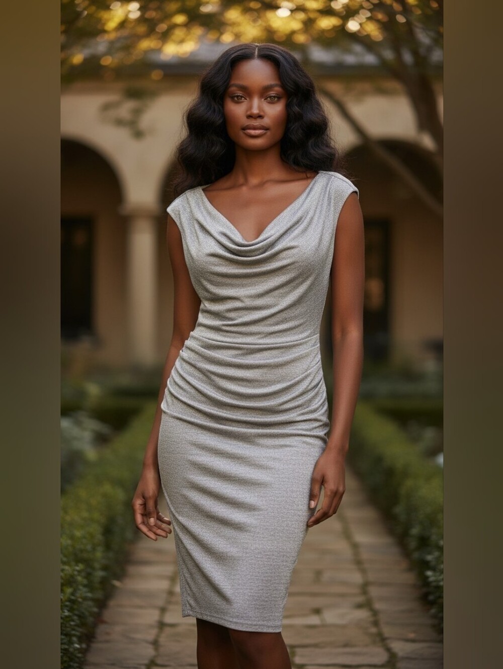 Connected Apparel Silver Metallic Draped Sheath Dress Women's Size 16 Cocktail